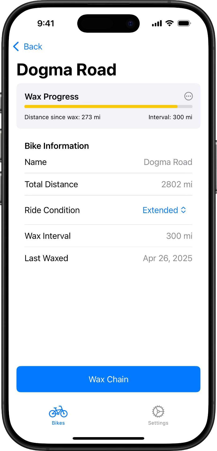 Chain Wax App - Bike Details with interval presets